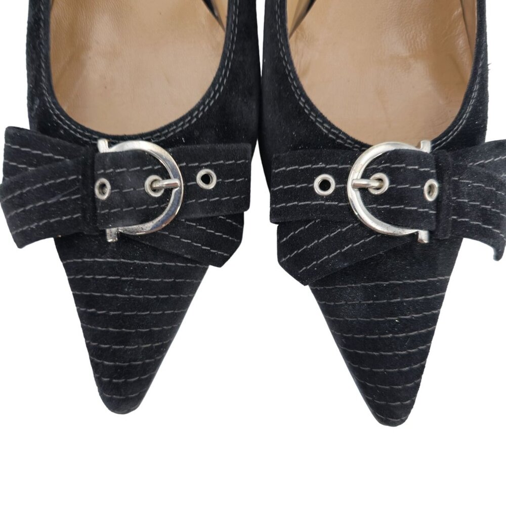 Vintage Salvatore Ferragamo Black Striped Suede Formal Slingback Kitten Heel 8AA - Picture 11 of 16